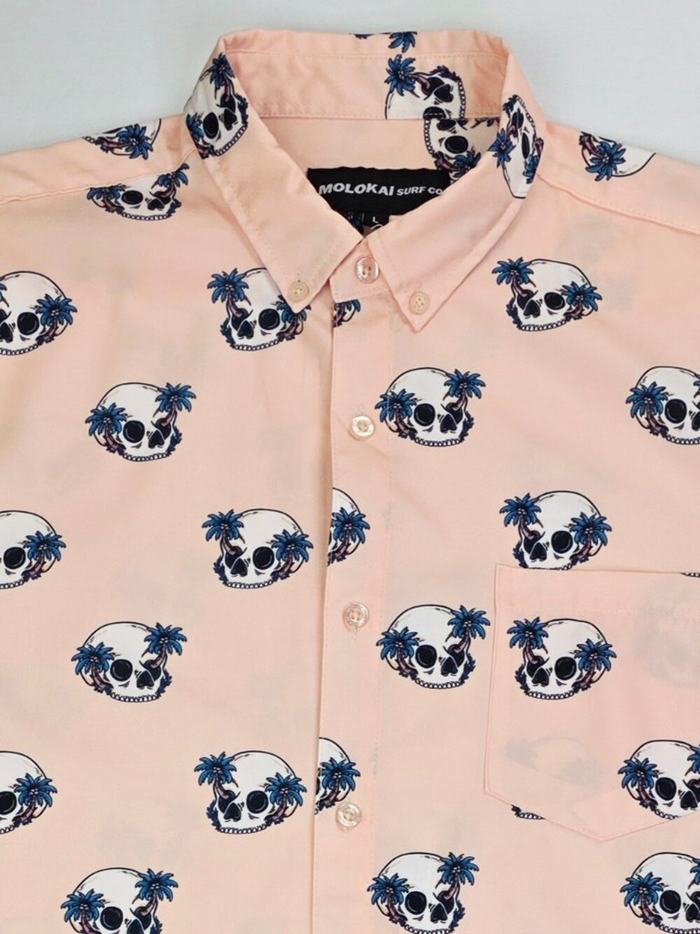 Molokai Peach Button Down Short Sleeve White Skull Palm Trees Men Sz Large Shirt